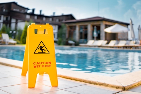 A slip and fall sign next to a pool